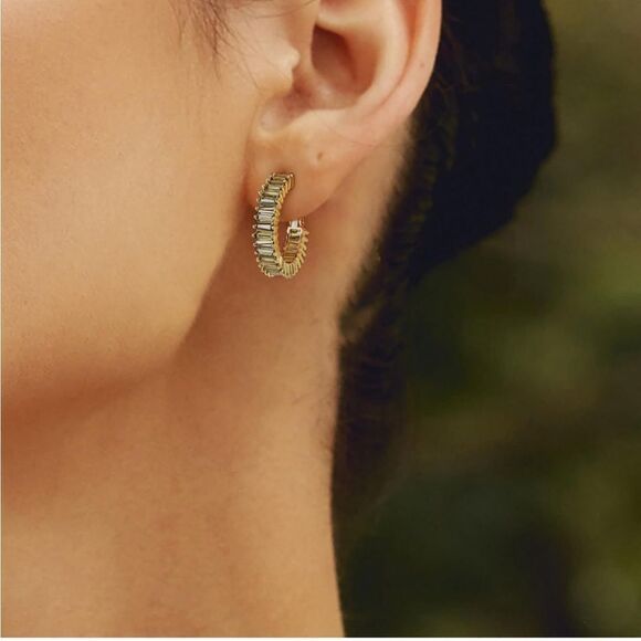 14K Yellow Gold with Green Peridot Cubic Zirconia Drop Hoop Leverback Earrings - Picture 4 of 7